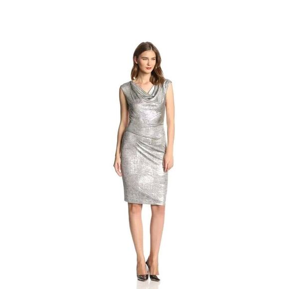 NEW! Vince Camuto Silver Metallic Knit Cowl Neck Sheath Dress Size 8- MSRP $138 - Picture 1 of 9